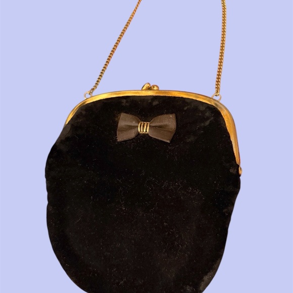 Vintage 50s Black Velvet Evening Clutch Pouch Bag Satin Bow Gold Chain Handle - Picture 5 of 5